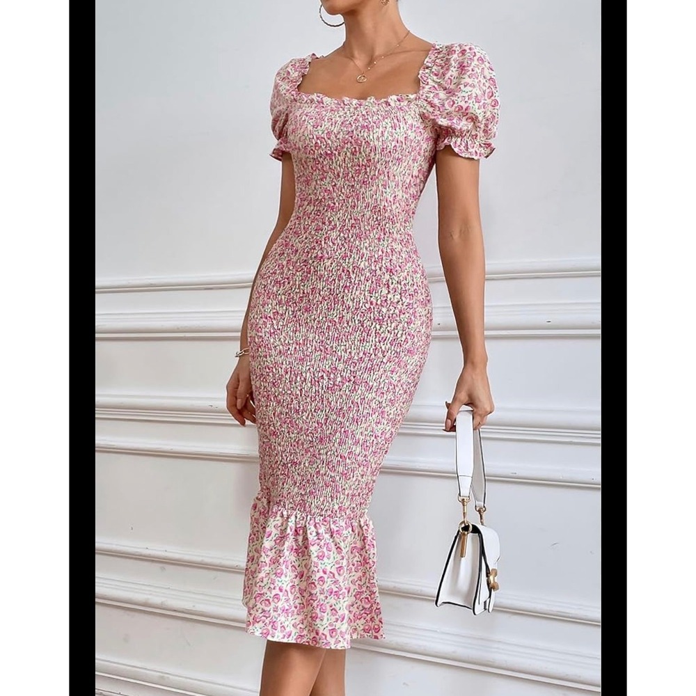 New PrettyGarden Floral Cottage feminine fairy Smocked Mermaid Midi Dress Pink S